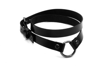 Black leather collar on a white background. Side view