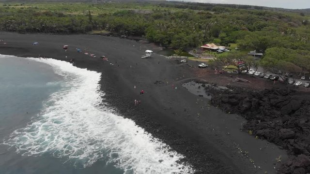 aerial of pohoiki aka Isaac Hale park, featuring new black sand beach created from lava