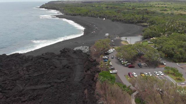 aerial of pohoiki aka Isaac Hale park. featuring new beach and lava field