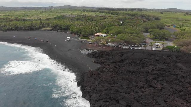 aerial of pohoiki aka Isaac Hale park. featuring new beach and lava field