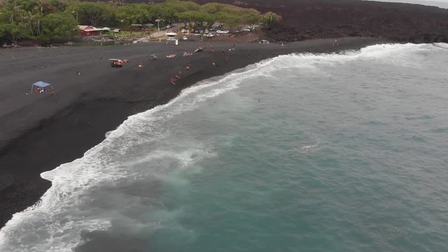 aerial of pohoiki aka Isaac Hale park. featuring new beach and lava field