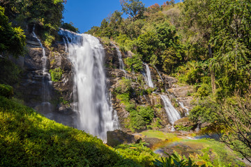 Fototapeta na wymiar Wachirathan waterfall, Doi Inthanon National Park landscape with rainbow