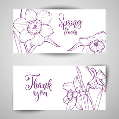 Floral baners. Hand drawn vector botanical illustration. Template greeting card, wedding invitation banner with spring flowers. Sketch linear narcissus blossom.Engraved style illustration.