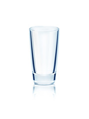 Empty glass on a reflective surface on white background