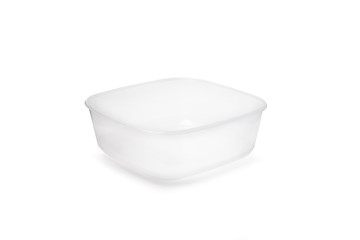 Plastic food storage containers on a white background