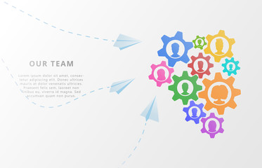 Teamwork business concept. Flat vector illustration with avatar icons and gears for financial strategy, partnership, consulting, project management, team work, cooperation, people communication