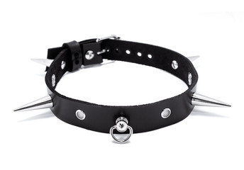 Black leather collar with spikes on a white background. Side view