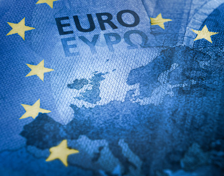 Brexit. European colors flag effect against euro banknote detail focus on Great Britain