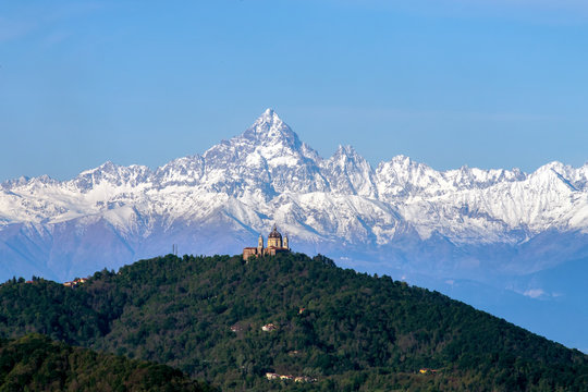 The Basilica of Superga (Italian: Basilica di Superga) and Momviso mountain aligned, Turin, Italy