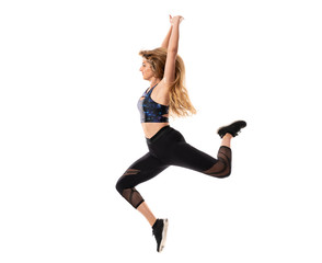 Ballerina dancing over isolated white background and jumping