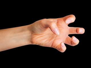 Woman hand with crooked fingers showing magic trick or holding ball