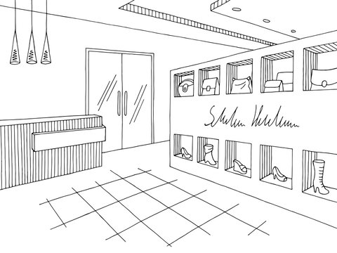 Shop store interior graphic black white sketch illustration vector