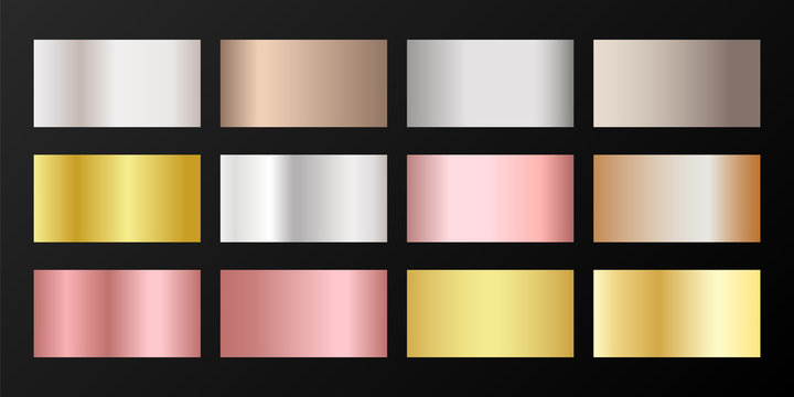 Silver, platinum, bronze, pink gold vector metallic gradients.