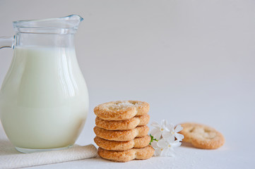 Milk and cookies on the white background