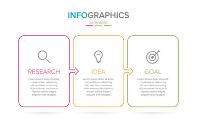 Vector infographic label template with icons. 3 options or steps. Research, idea and goal. Infographics for business concept. Can be used for info graphics, flow charts, presentations, web sites.