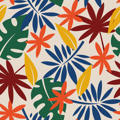 Seamless pattern with the image of tropical leaves. Flat style. Trend. Prints