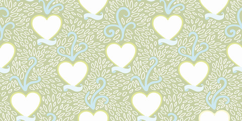 Green pattern with heart and banner.