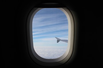 Blick aus einem Verkehrsflugzeug blauer Himmel