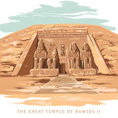 Colorful vector illustration the great temple of Ramses 2 hand drawn in white background. The Great Temple at Abu Simbel, Egypt.