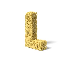noodle in shape of L letter. curly spaghetti for cooking. 3d illustration