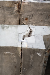 Damaged concrete structures. Bridge in bad and emergency condition. Armature and cracks
