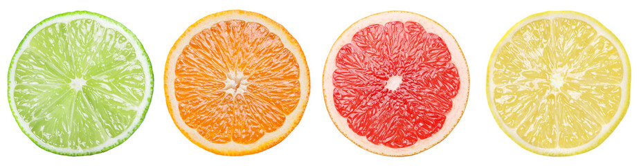 Four colorful different citrus slices on white background. Clipping path.