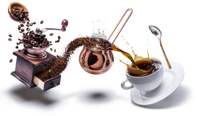 Coffee preparation. Conceptual photo - turning coffee beans into beverage. - obrazy, fototapety, plakaty