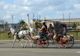  La Havane, calèche sur la route, Cuba, Caraïbes
