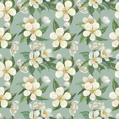 Seamless pattern with white watercolor flowers, green leaves