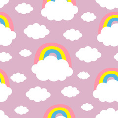 Seamless Pattern. Cloud Colorful Rainbow. Cute cartoon kawaii funny baby kids decor. Wrapping paper, textile template. Nursery decoration. Violet background. Flat design.