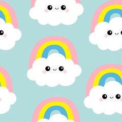 Cloud Rainbow. Seamless Pattern. Funny face head. Cute cartoon kawaii funny baby character. Kids decor. Wrapping paper, textile template. Nursery decoration. Blue background. Flat design.