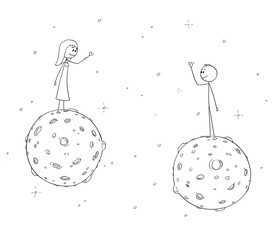 Cartoon stick figure drawing conceptual illustration of man and woman who each live on lonely planet meet together in space. Metaphorical illustration of relationship and love.