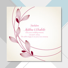 Delicate floral card on  abstract background. Invitation template for wedding ceremony, greeting, element for design. Vector pattern with hand-drawn leaves.