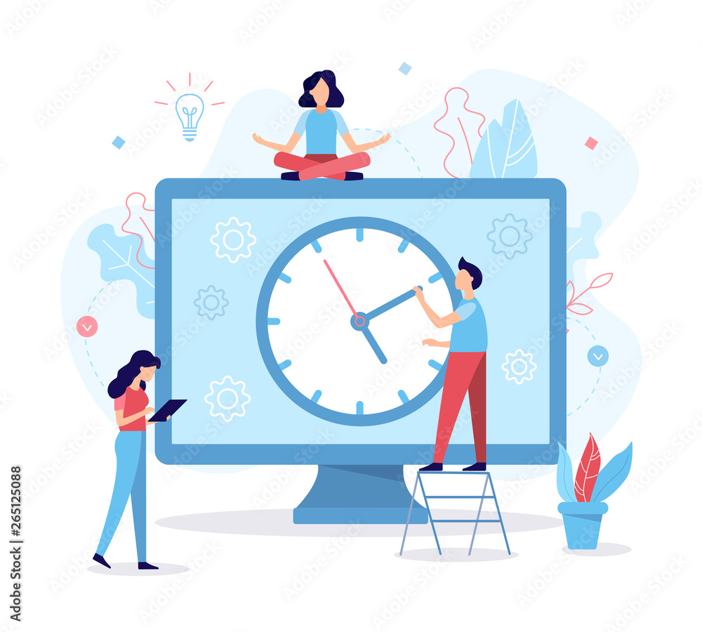 Poster the development team allocates time for the project. time management concept. flat vector illustrati