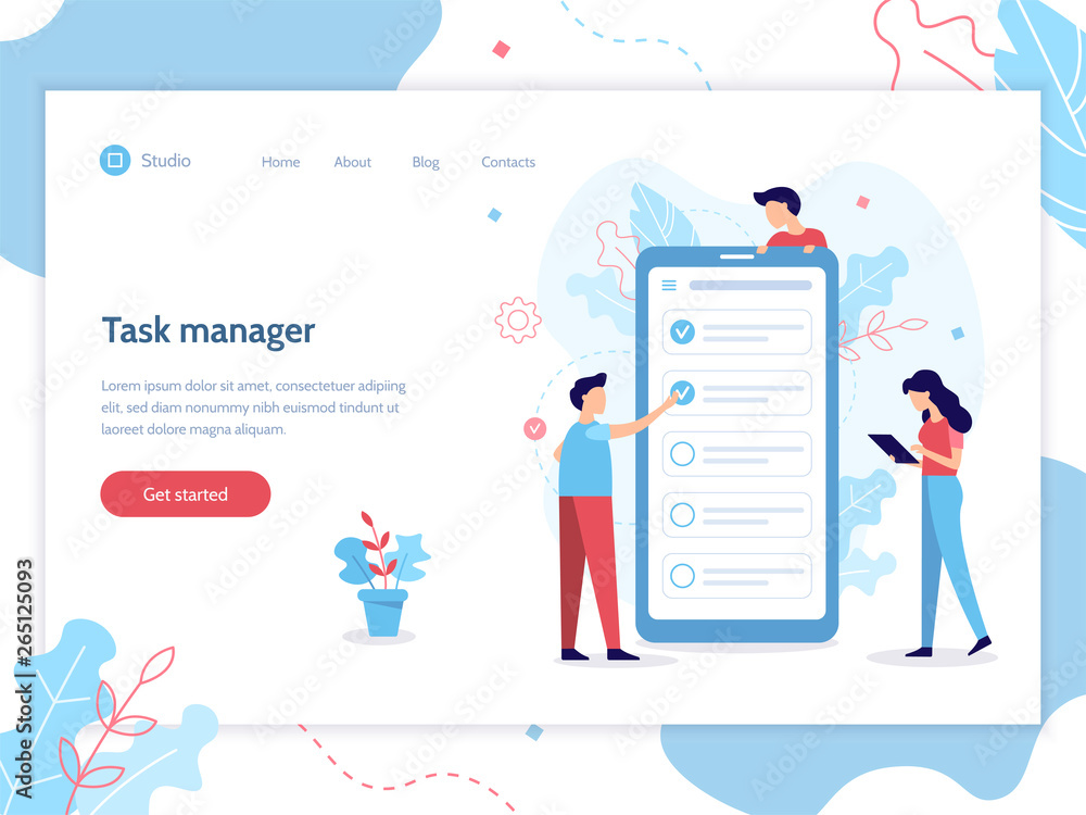 Poster task manager app. creative landing page design template. flat vector illustration.