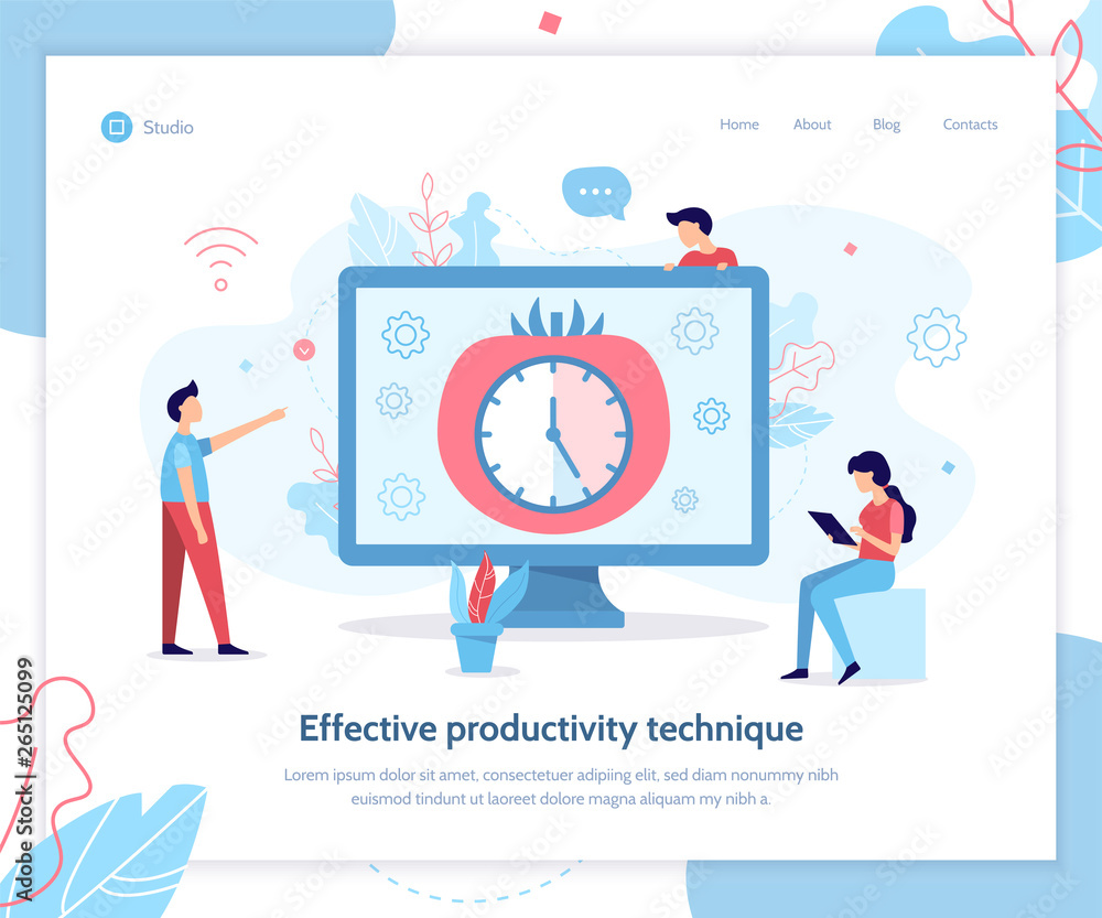 Poster effective productivity pomodoro technique. landing design template. flat vector illustration.