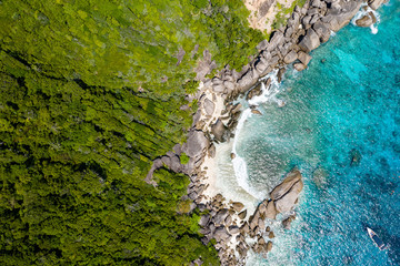 Aerial drone view of beautiful tropical islands with crystal clear waters and lush greenery (Similan Islands, Thailand)