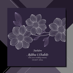 Delicate floral card on  abstract background. Invitation template for wedding ceremony, greeting, element for design. Vector pattern with hand-drawn flowers dalias.