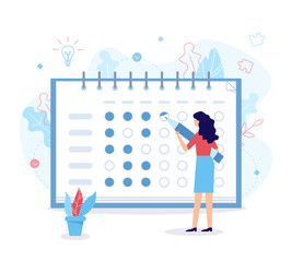 The woman notes the bullets in the habit tracker. Self-improvement concept. Flat vector illustration.