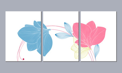 Floral background with flowers amaryllis. Element for design. Set of 3 canvases for wall decoration in the living room, office, bedroom, kitchen, office. Home decor of the walls. 