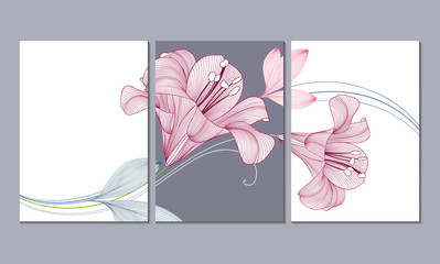 Floral background with flowers lilies. Element for design. Set of 3 canvases for wall decoration in the living room, office, bedroom, kitchen, office. Home decor of the walls. 