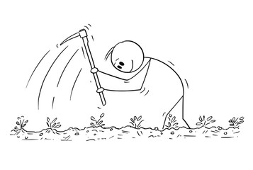 Cartoon stick figure drawing conceptual illustration of poor farmer enjoying hard working with hoe on the field.