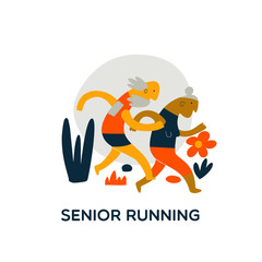Funny cartoon illustration of running senior couple. Senior running club vector concept.