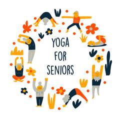 Funny cartoon illustration of senior people, doing yoga exercises. Round composition. Vector