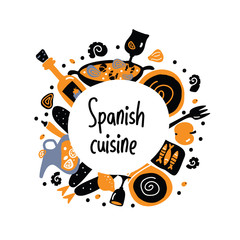 Obraz premium Spanish cuisine. Hand drawn vector circle food composition.