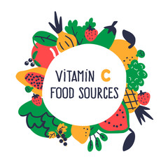 Vitamin C food sources collection. Vector cartoon illustration, isolated on white. Food round border