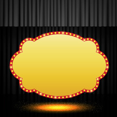 Shining retro banner on black stage curtain