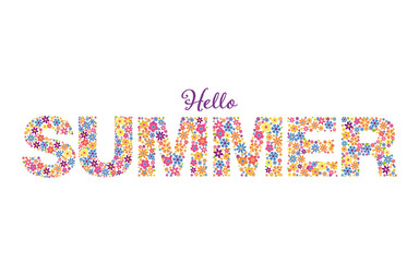 Banner with phrase Hello Summer written in floral typeface isolated on white background
