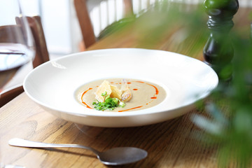 Cream of roasted leek with parmesan soup.