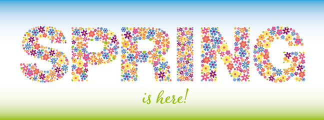 Banner with phrase SPRING is here written in floral typeface on green and blue gradient